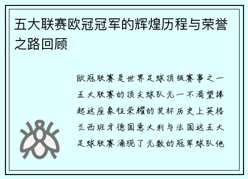 五大联赛欧冠冠军的辉煌历程与荣誉之路回顾